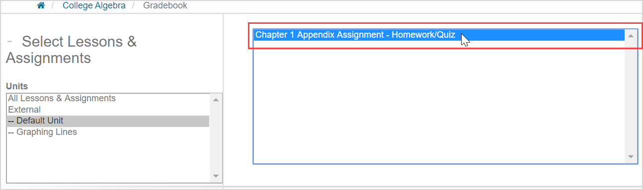 An activity is selcted from the activities list of the gradebook search page.